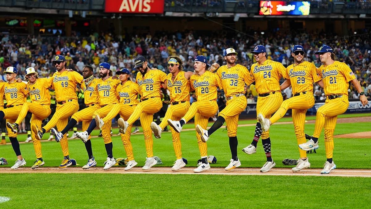 Members of the Savannah Bananas perform at Yankee Stadium. Members of the Savannah Bananas perform at Yankee Stadium.