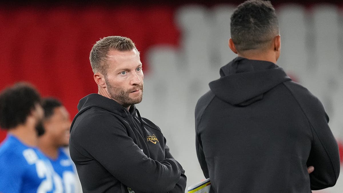 Sean McVay stands during a Rams practice session in Melbourne, Australia.