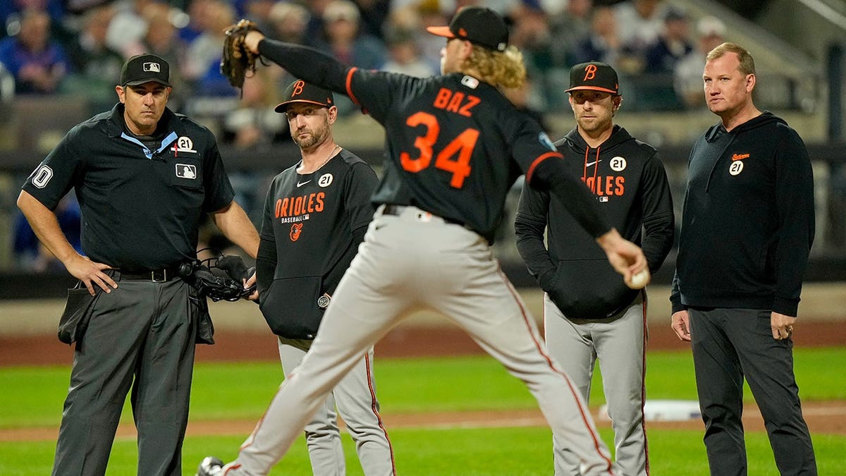 Shane Baz tests his arm during a baseball game in New York.