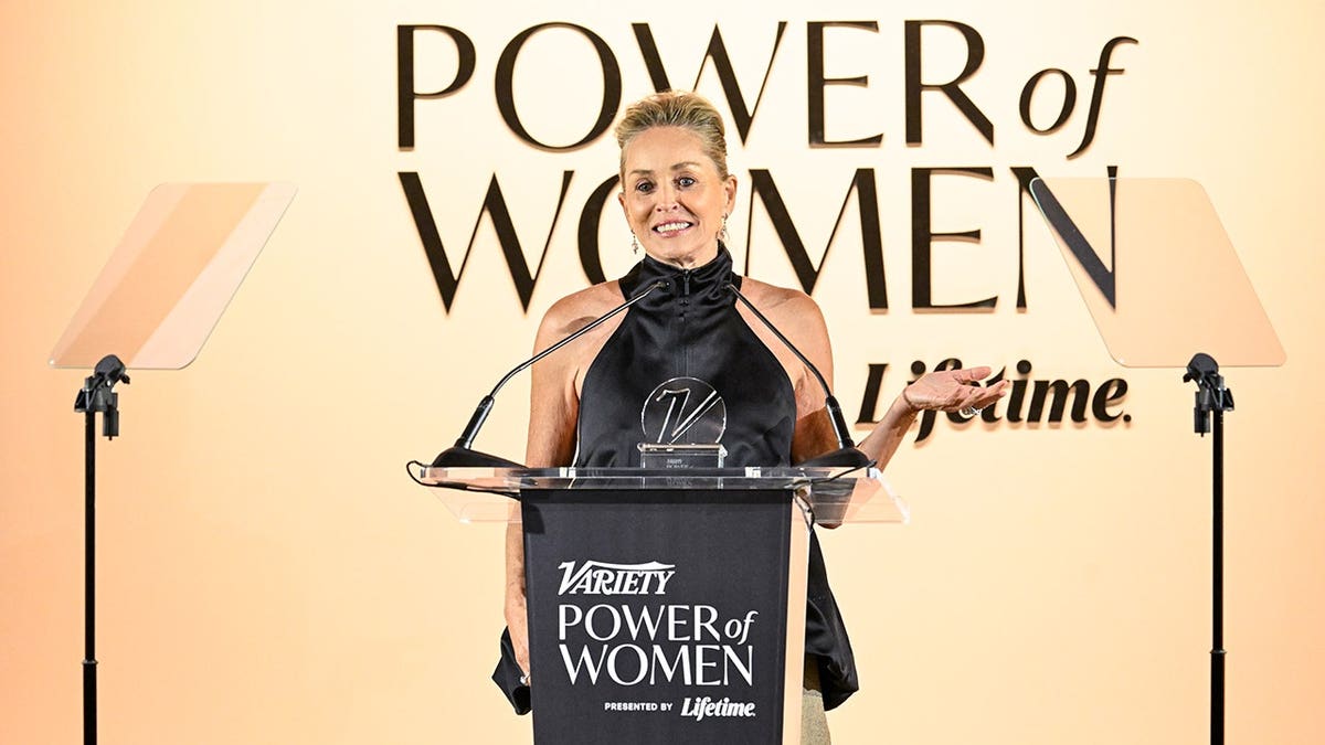 Sharon Stone speaks onstage at Variety Power of Women LA 2026 event in Beverly Hills.