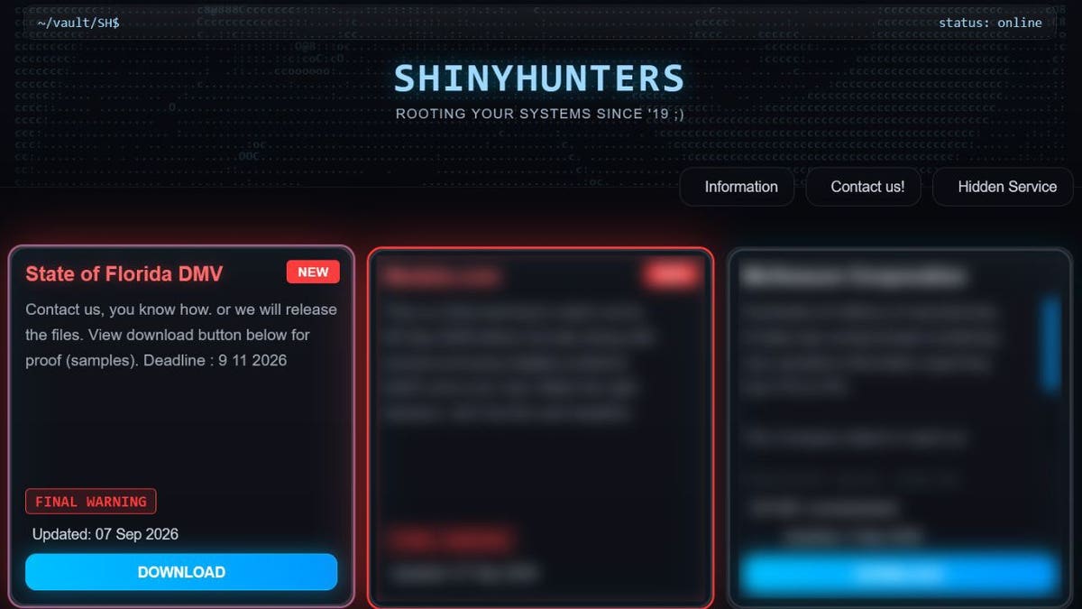 ShinyHunters' website shows Florida DMV leak.