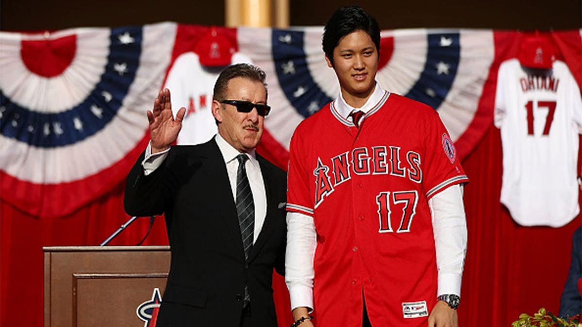 Arte Moreno introduces Shohei Ohtani at Angel Stadium of Anaheim on December 9, 2017.