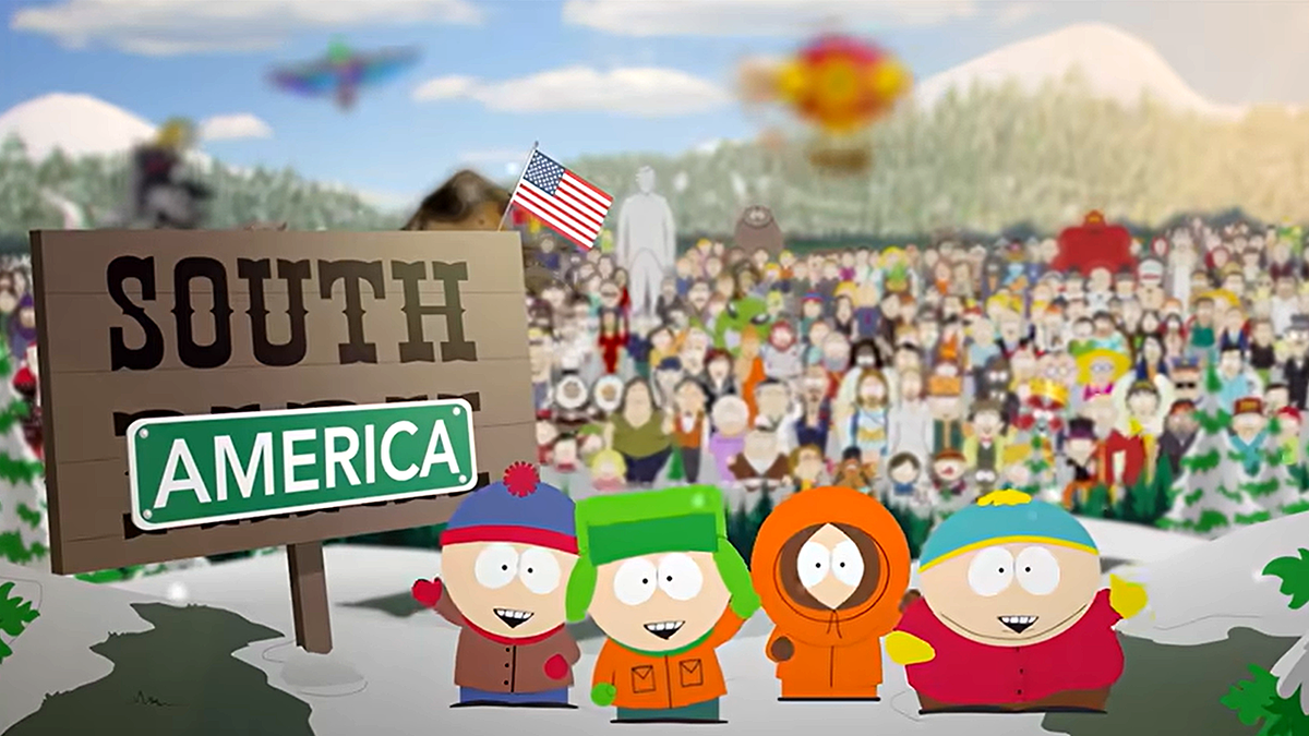 A screenshot from the Season 29 premiere of "South Park" shows the fictional Colorado town’s familiar sign changed to read "South America" as part of the show’s new opening sequence. The premiere debuted a revised theme song and incorporated the "South America" rebranding throughout the episode.