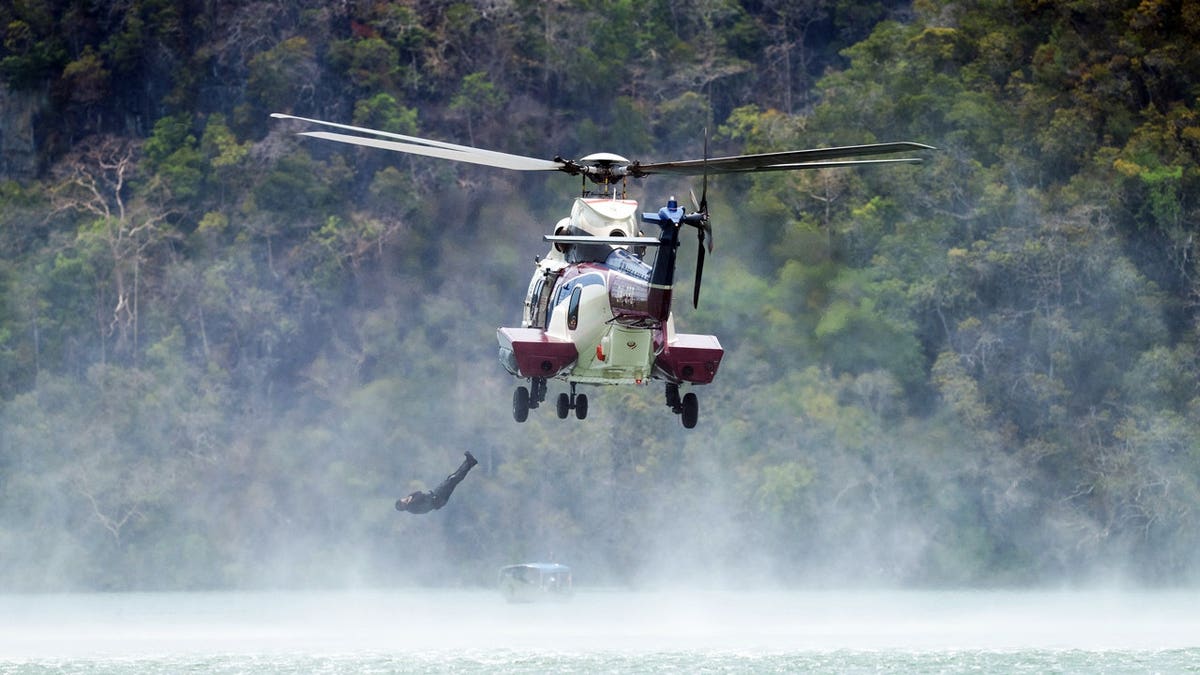A person falls from a helicopter during a scene from the TV show Special Forces.