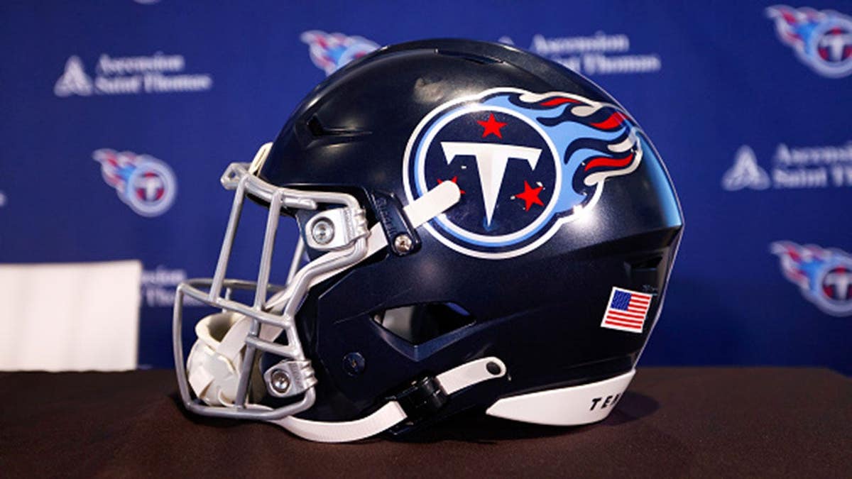 Tennessee Titans helmet displayed during a press conference at Ascension Saint Thomas Sports Park.