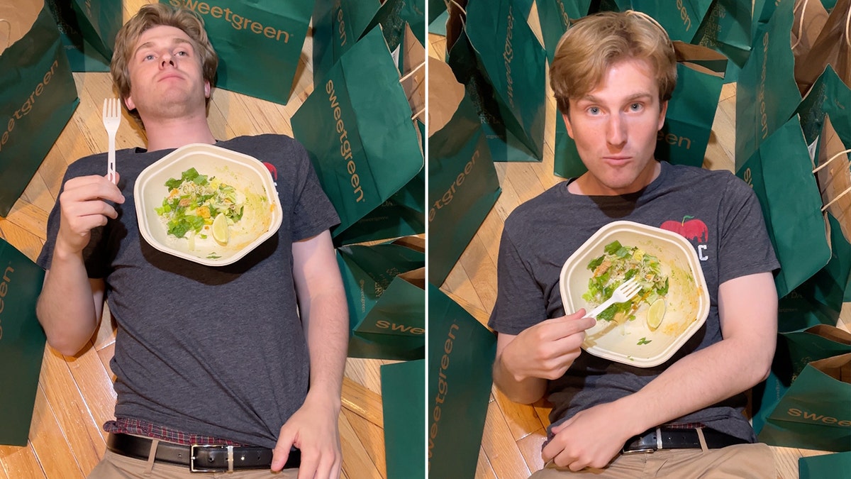 A split photograph showing Tim Donohue surrounded by Sweetgreen bags with a salad bowl on his chest.