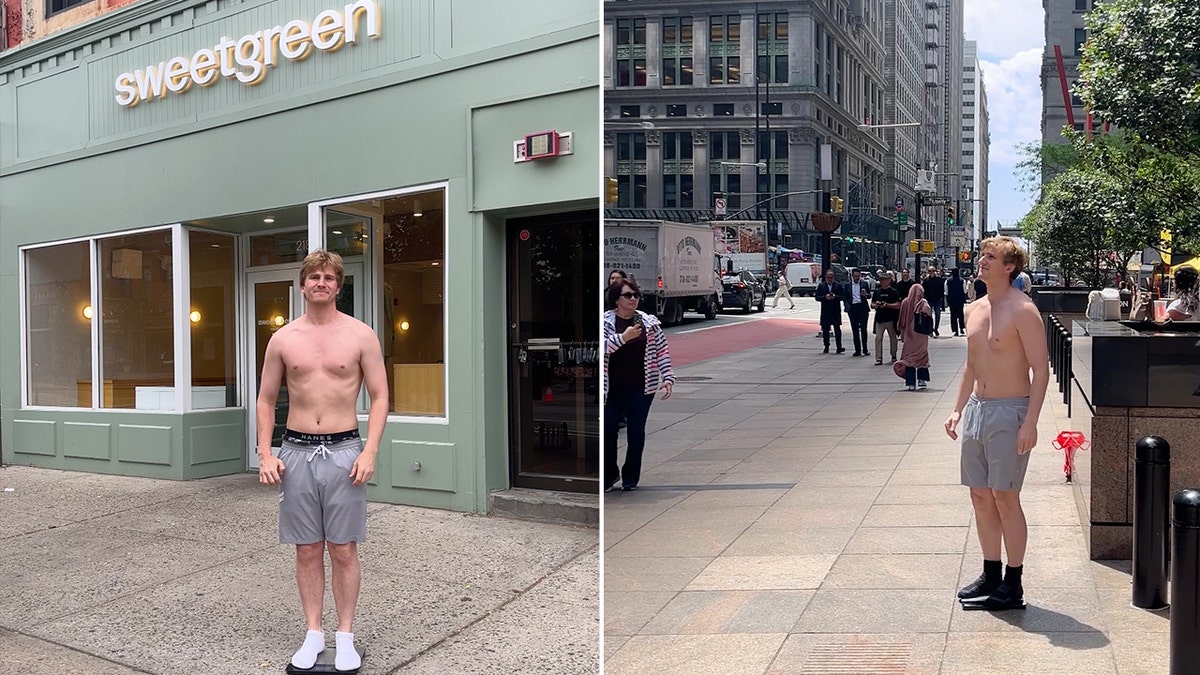 A split image shows Tim Donohue standing shirtless outside of a Sweetgreen and in the middle of bustling New York City.