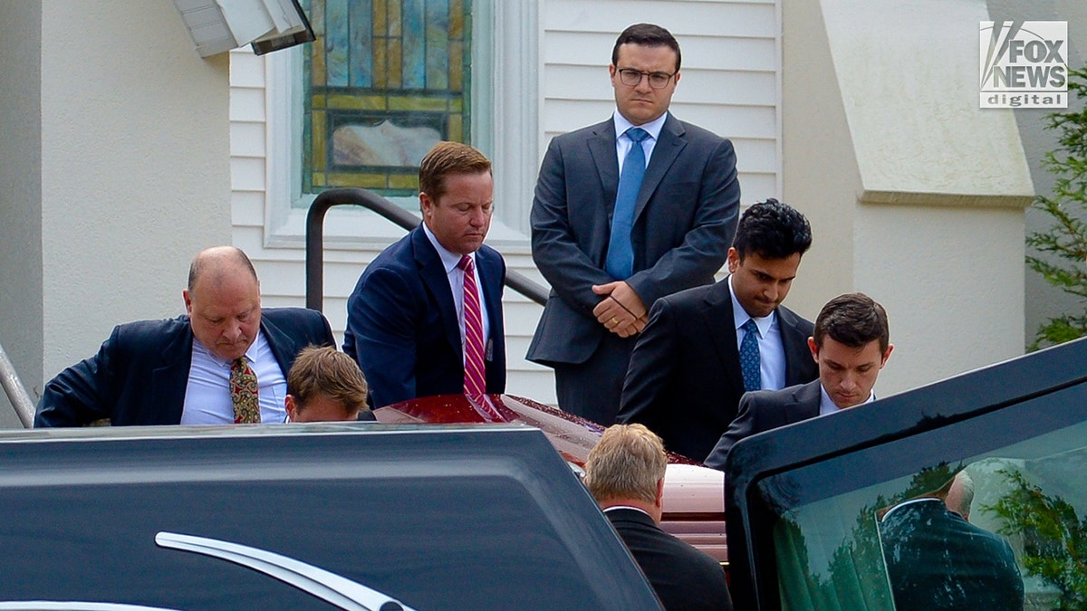 Mourners leave the church after the funeral of Erin Piacenti, held at St Joseph's church in Mendham Borough, NJ, Wednesday, September 9, 2026 Piacenti was killed in a random knife attack in Times Square last month. (Luis Yllanes for Fox News Digital)