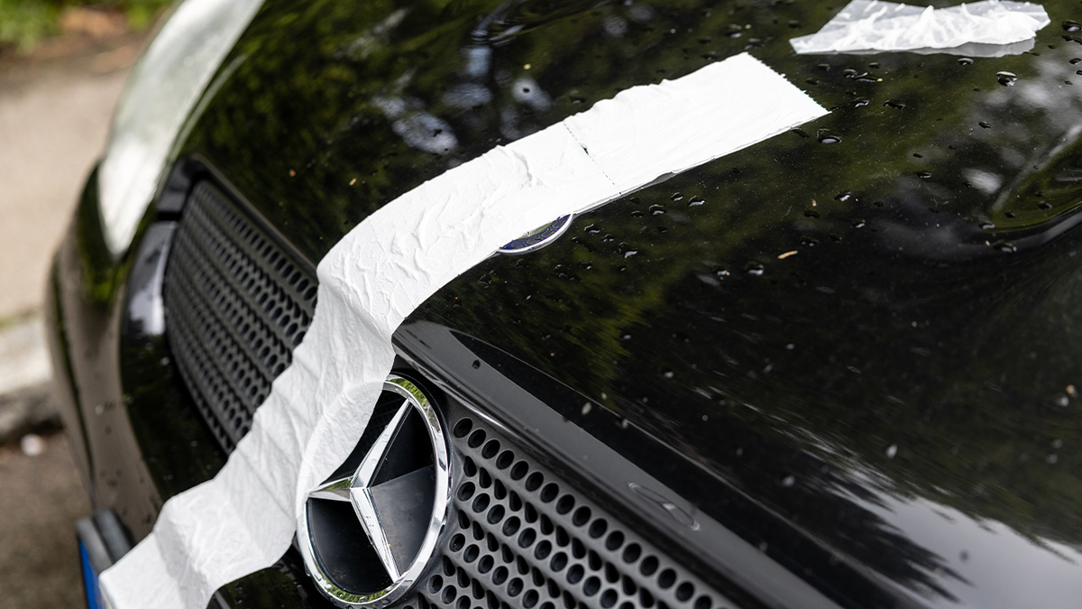 Car covered with toilet paper.