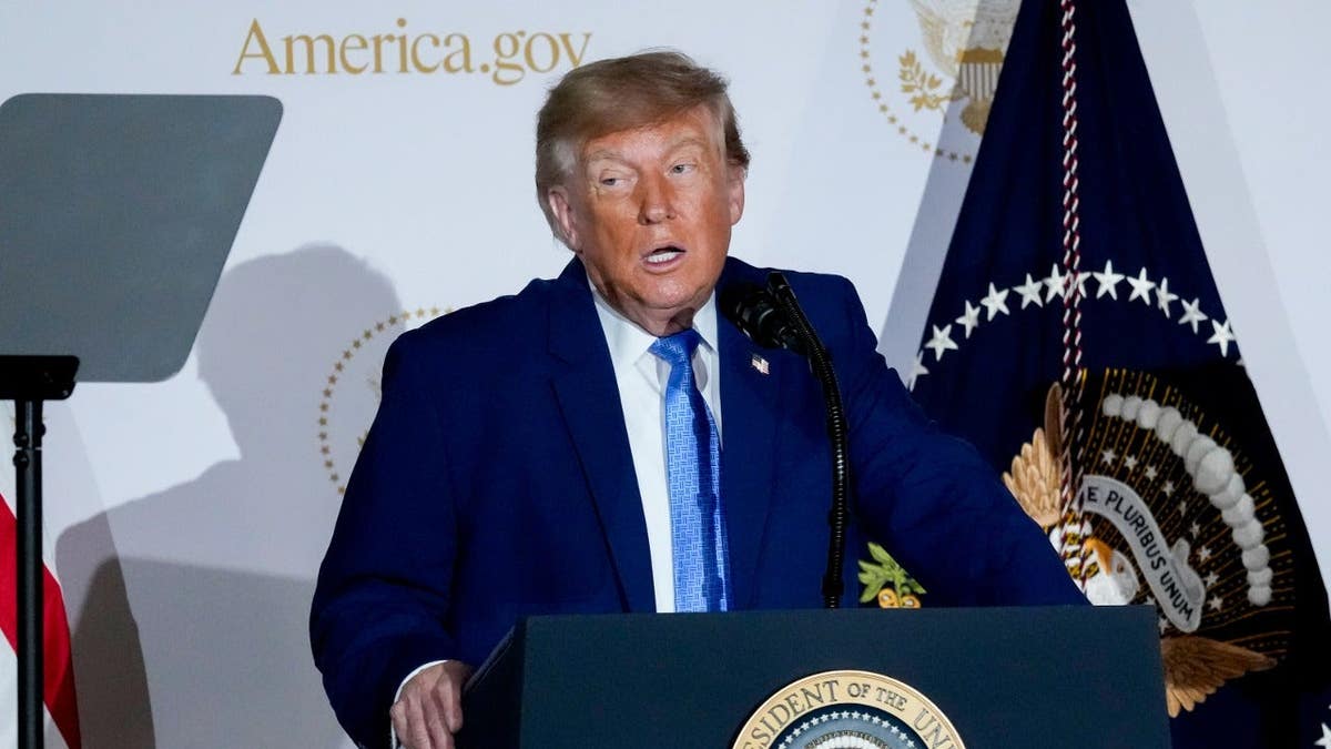 President Donald Trump speaks during the launch of America.gov