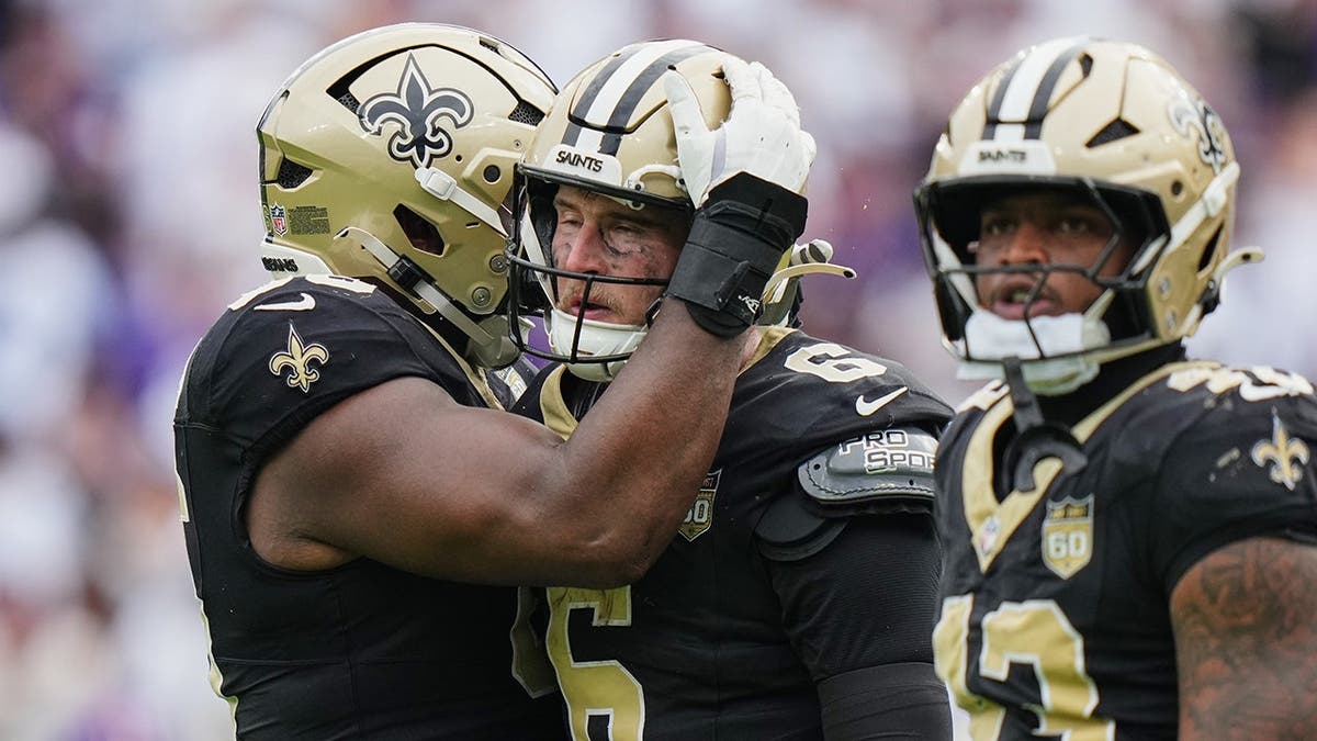 Tyler Shough reacts after scoring a touchdown against the Ravens in Baltimore.