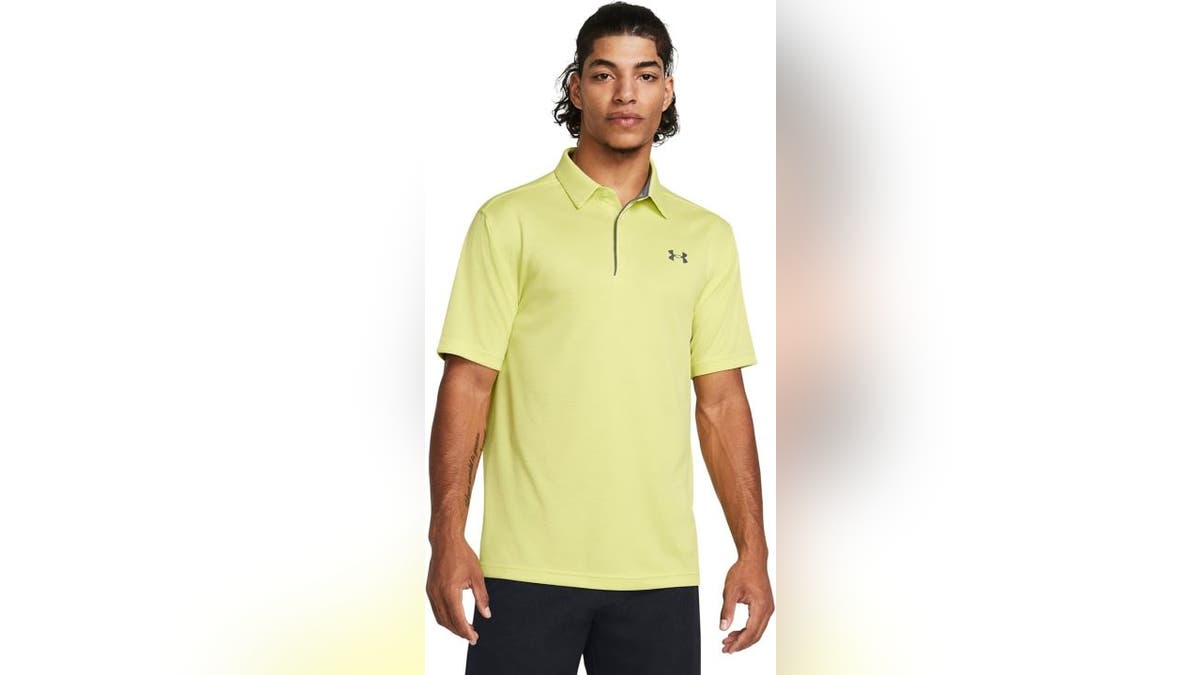 This golf polo is made with moisture-wicking fabric.