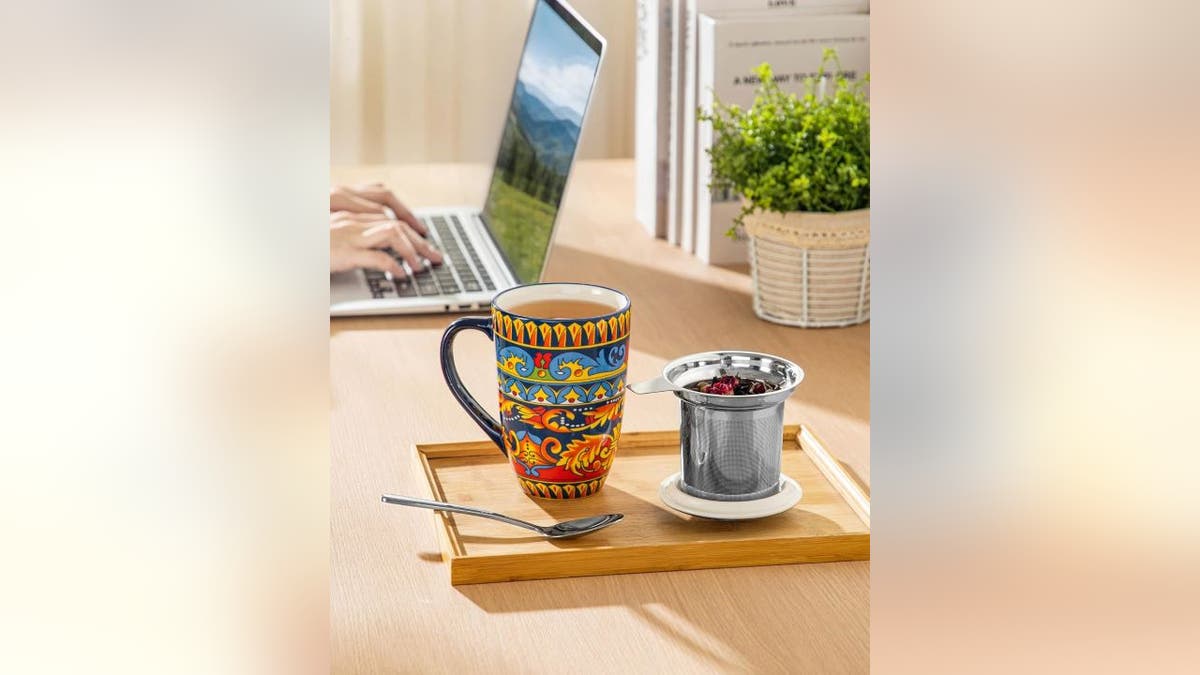 Steep tea right in this porcelain mug.