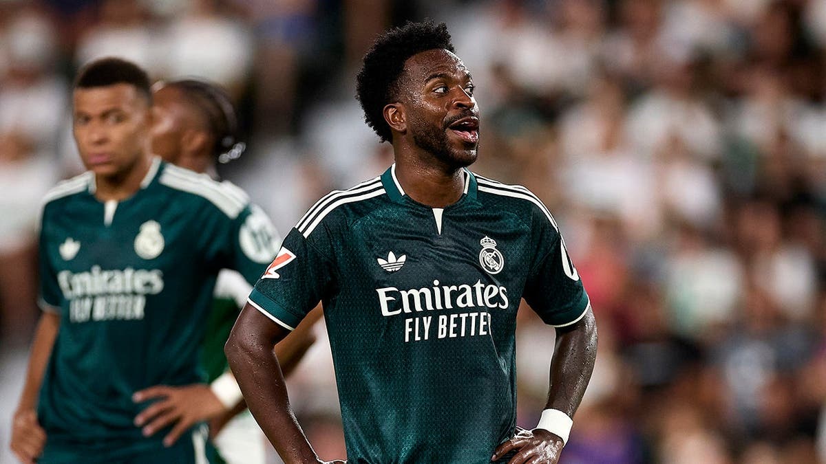 Vinicius Junior reacts during a Real Madrid LaLiga match in Elche, Spain.