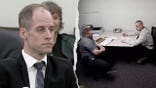 Split image shows Caleb Flynn seated in an Ohio courtroom, left, and across a table from an investigator during a recorded police interview, right.