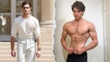 Side-by-side images show Braden Peters, known online as “Clavicular,” walking outdoors and posing shirtless while flexing his arms.