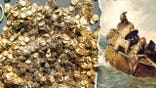 View of dirt-covered hoard next to painting of Viking