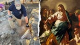 Archaeologist digging at site next to painting of Jesus Christ