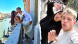 Split image of couple kissing, posing in selfie
