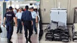 Split image of police in airport, view of suitcase with marijuana