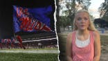Split image of a cheerleader waving a large Ole Miss flag on the football field on the left and student Mary Harvey outdoors on the right.