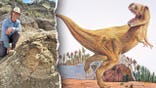 Split image of Tyler Lyson with print, drawing of T Rex