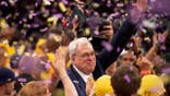 Confetti falls after the Los Angeles win the NBA Finals