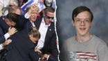 A split image showing President Donald Trump surrounded by Secret Service agents with blood on his face after the Butler rally shooting, next to a school portrait of Thomas Matthew Crooks.