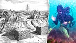 Split image of drawing of village, diver waving underwater