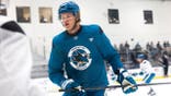 Alexander Karmanov practices with the San Jose Sharks at Sharks Ice.
