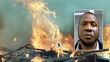 Composite image of Amos Sheik Massaquoi over a fiery Liberian civil war scene
