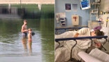 split photo of two boys in water and teen in hospital