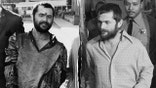 Two black-and-white photos of Bruce Davis, a bearded man, being escorted by law enforcement in the 1970s.