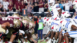 Florida State players line up for an extra point against SMU at Doak S. Campbell Stadium.