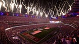 Fireworks explode over Highmark Stadium during the national anthem.