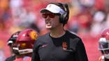 Lincoln Riley reacts during a game at Los Angeles Memorial Coliseum.