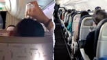 Man scratching head on flight with upturned glass