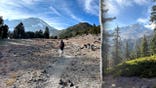 A composite image showing a rescuer trekking up rough terrain split with Mount Shasta