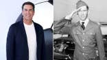 A split of Rob Riggle on red carpet and Jimmy Stewart in uniform