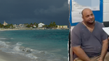 San Andrés Island coastline beside an image of convicted human smuggler Luis Enrique Linero Pinto in Colombian custody