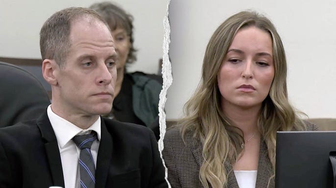 A split image shows Caleb Flynn seated in court, left, and Alleigha Botner testifying on the witness stand, right, during Flynn's Ohio murder trial.