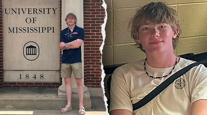 Aidan Hamilton on the Ole Miss campus in a pair of images 