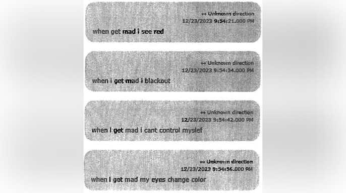 Screenshot of four text messages attributed to Karmelo Anthony that say he sees red, blacks out, cannot control himself and believes his eyes change color when he gets angry.