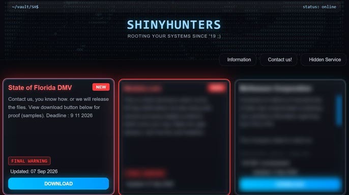 ShinyHunters' website shows Florida DMV leak.
