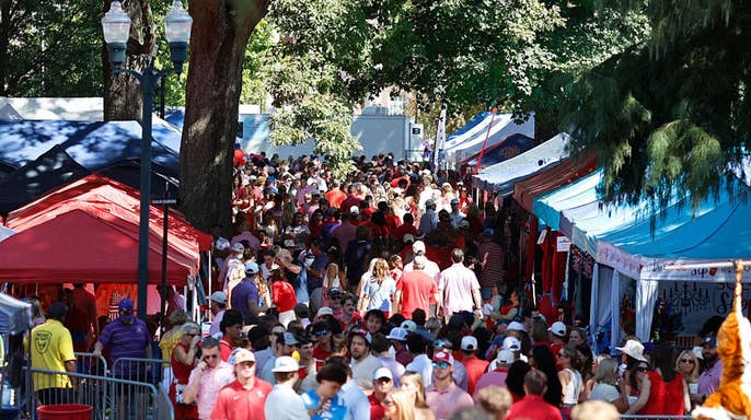 Crowd gathered in The Grove before LSU Tigers and Ole Miss Rebels college football game.