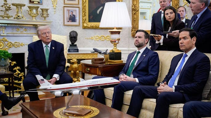 Donald Trump, JD Vance and Marco Rubio sit in the Oval Office during a meeting with Ireland's prime minister.