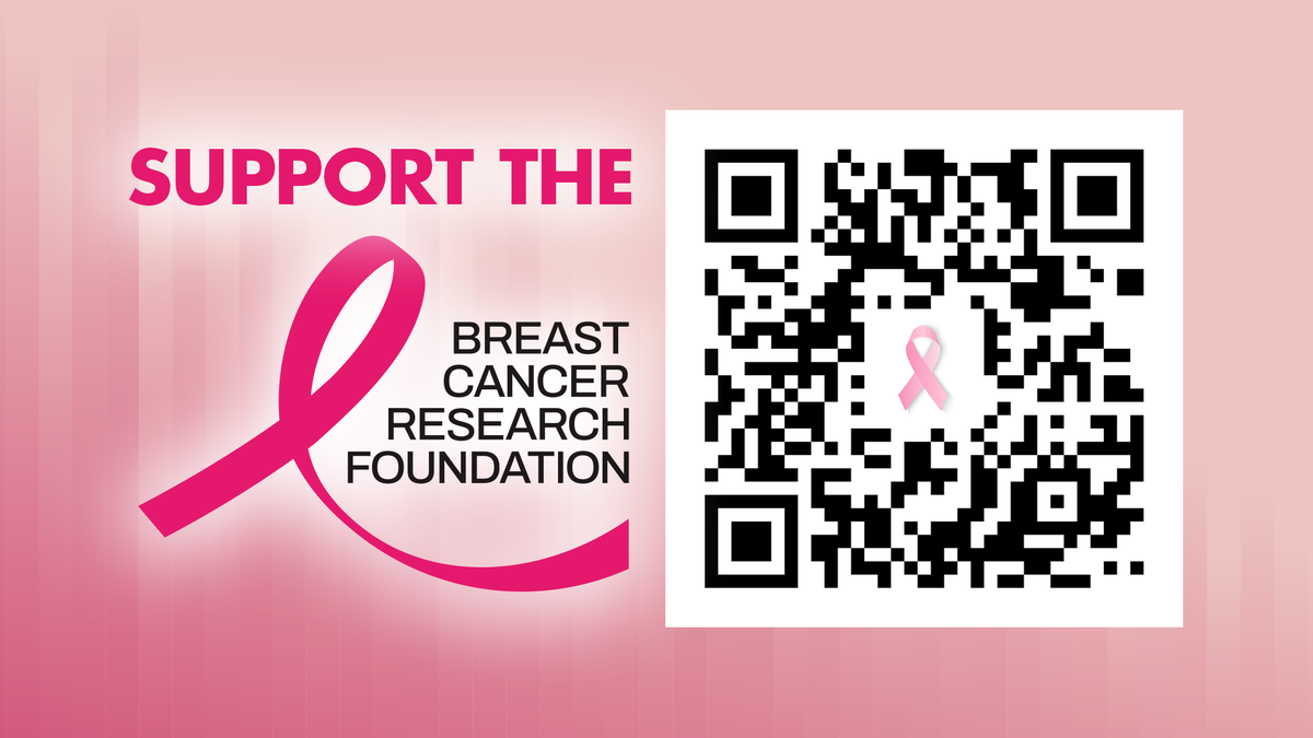 QR code directs viewers to donate to the Breast Cancer Research Foundation.
