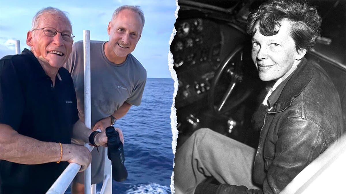 View of crew members at sea, Earhart smiling in photo