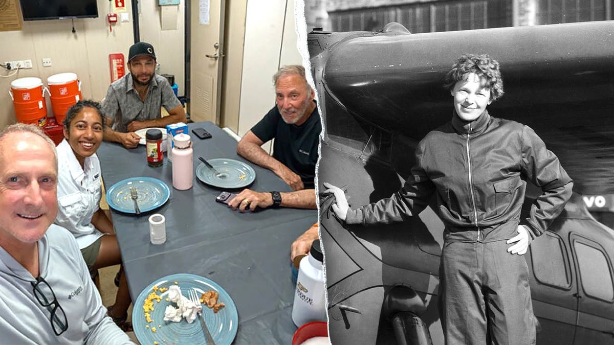 Crew members smiling on island, Amelia standing by airplane