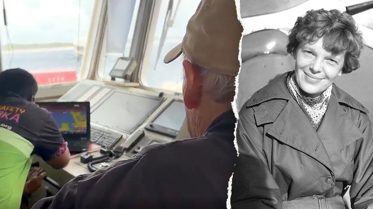 Split image of team viewing bad weather, Earhart smiling